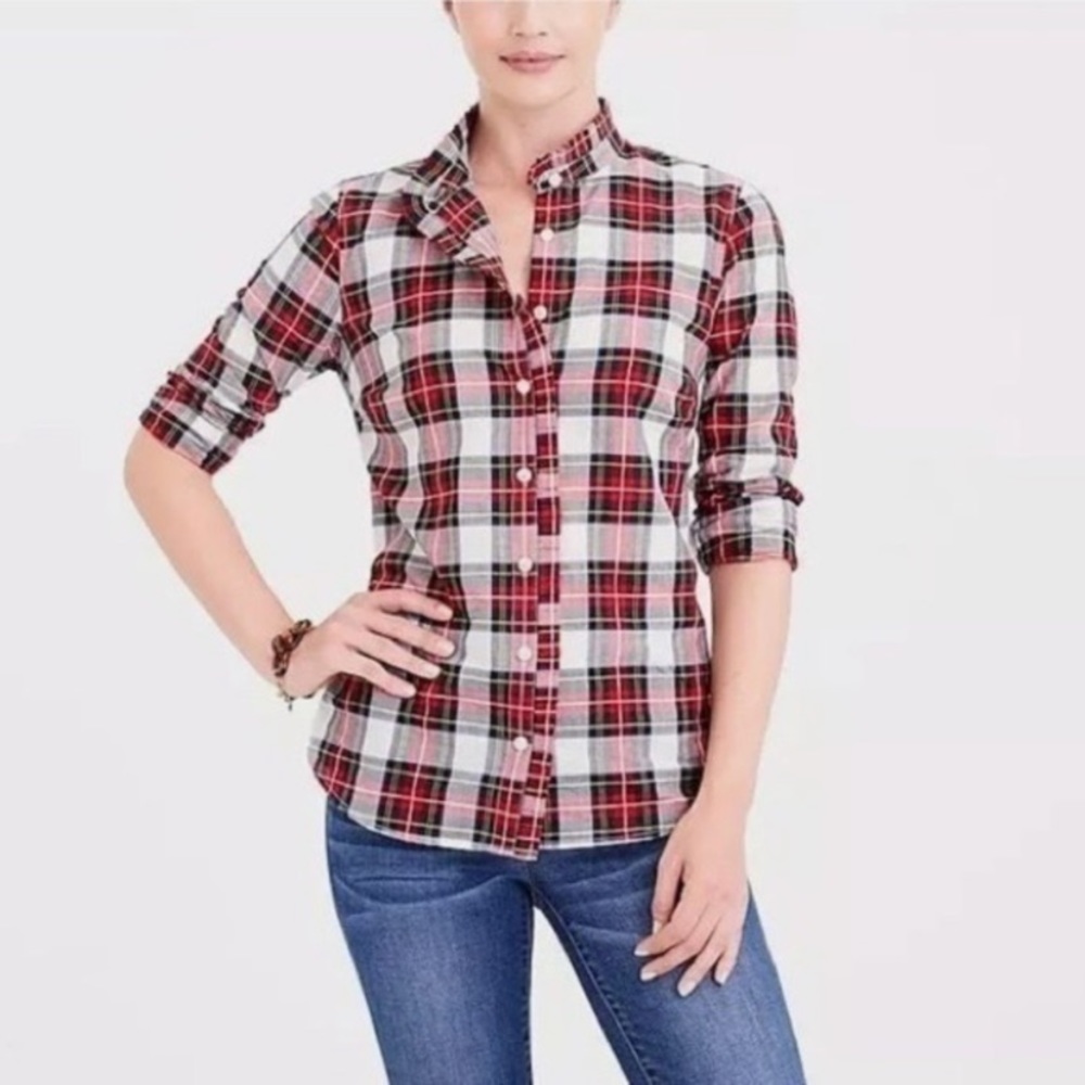 NWOT JCrew Women’s button down plaid tartan long sleeve shirt with ruffles ❤️